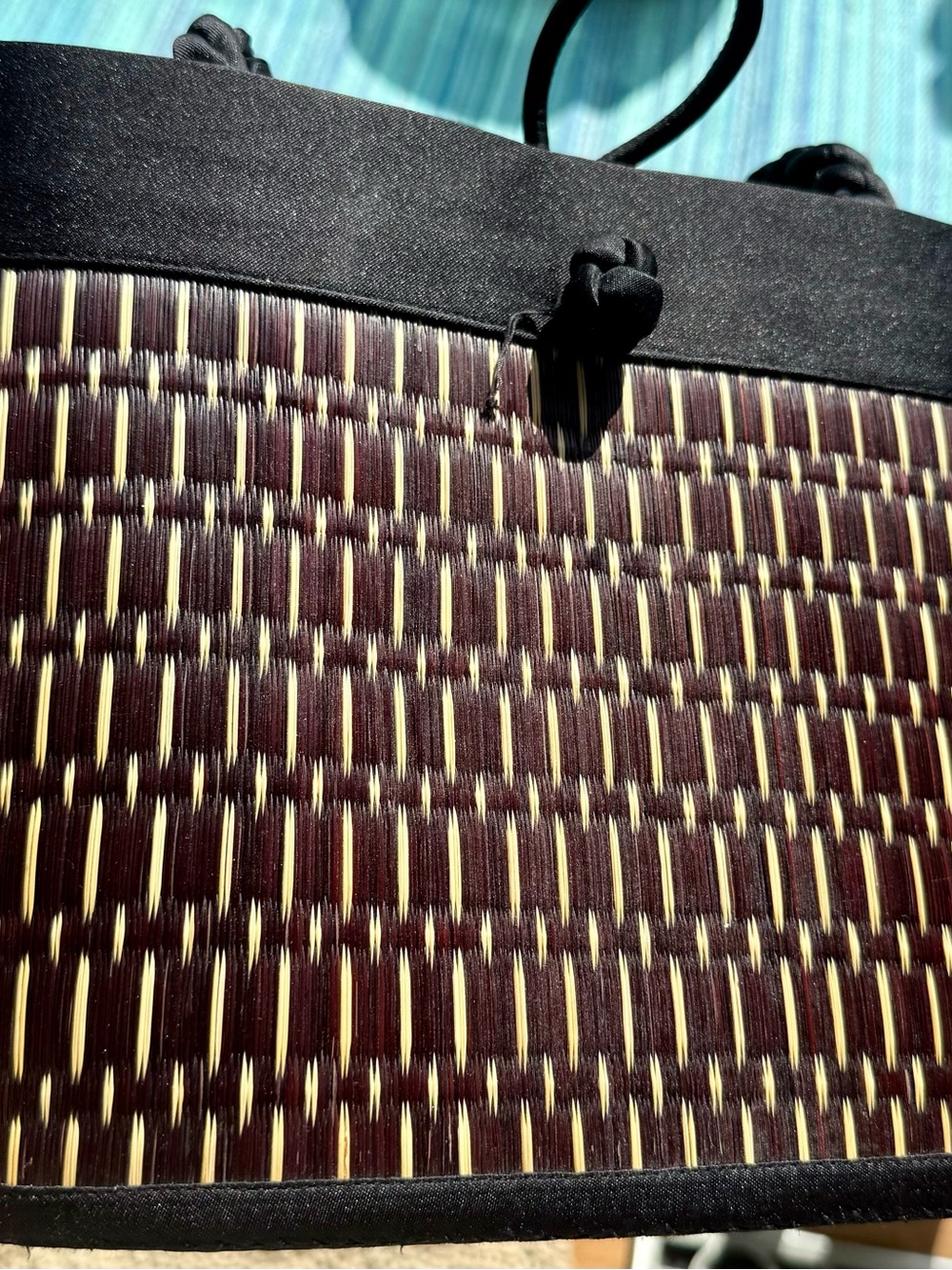 Woven Straw-Style Women’s Tote Bag in Black Satin & Tan